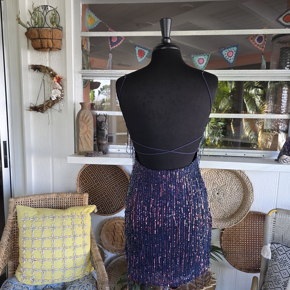 Windsor Large Khloe Sequin Fringe Party Dress Stretchy Navy Fringe Dress - Picture 3 of 12